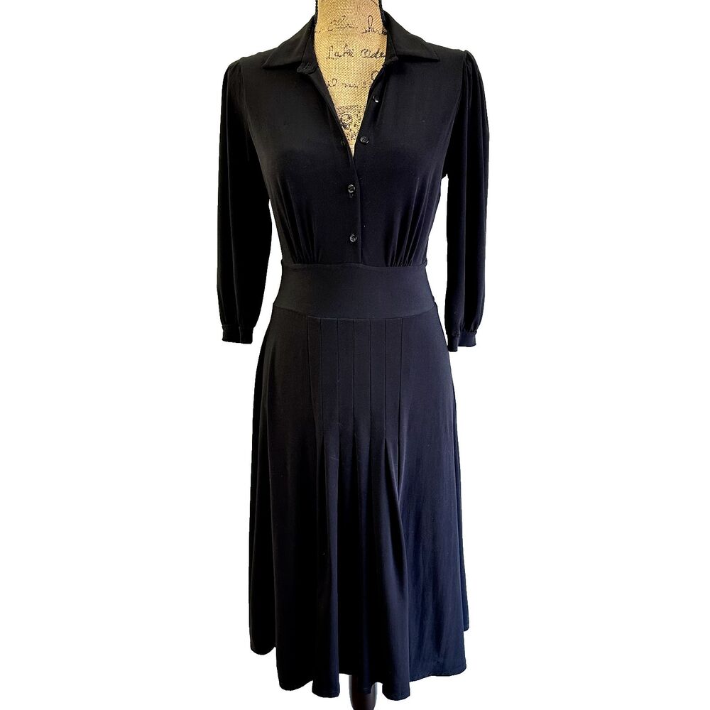 ABS Allen Schwart Women's Black Shirt Dress Pleated Front 3/4 Sleeve SZ 8